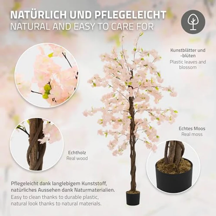 ML-Design Künstlicher Kirschblütenbaum 210 cm Rosa, mit stabiler Naturholzstamm und inkludiertem Topf – Bild 3