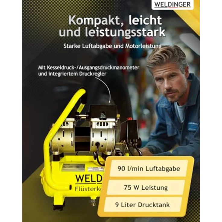 FK 65 pro Flüsterkompressor 90 l Luftabgabe innenbeschichteter Tank 9 bar max - Weldinger – Bild 4