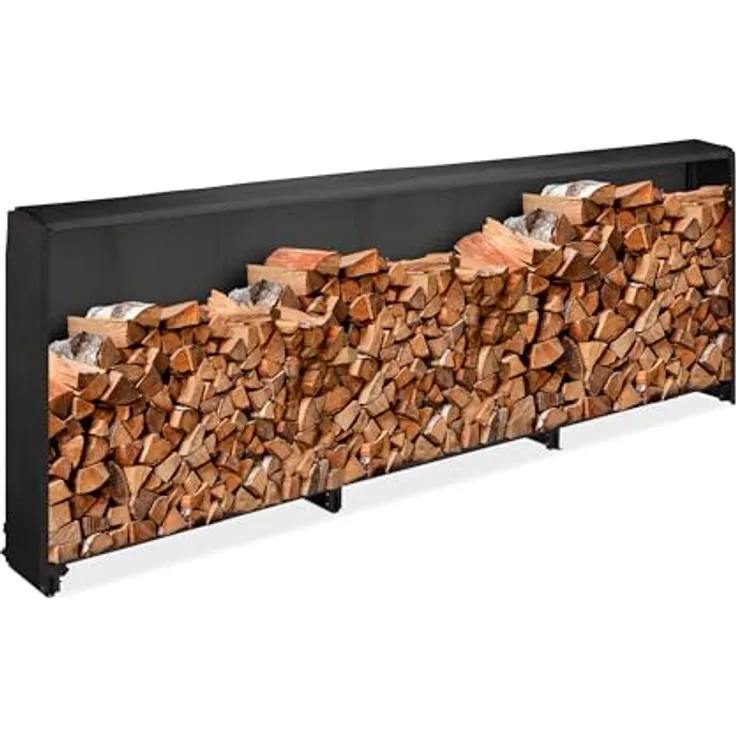 Relaxdays Kaminholzregal mit Abdeckung, Eisen, für Holz ab 25 cm, HBT: 110 x 322 x 29 cm, schwarz