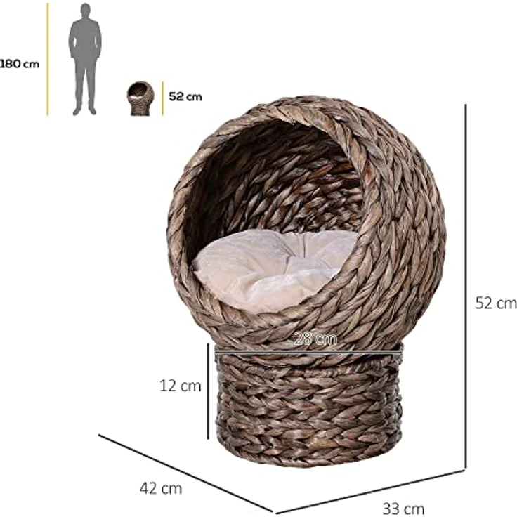Pawhut Rattan Katzenkorb Katzenhöhle Katzenhütte Katzenbett mit Kissen Haustierbett Wasserhyazinthe Dunkelbraun 42 x 33 x 52 cm – Bild 3