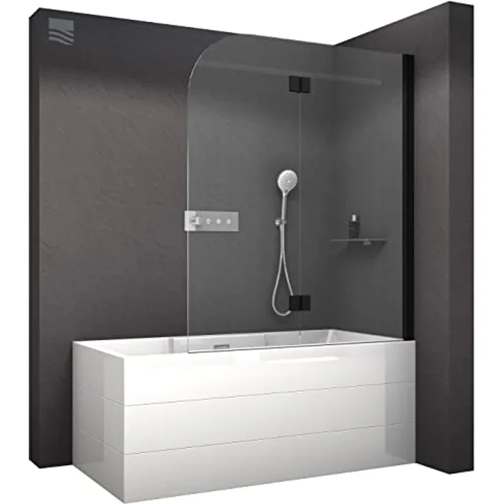 BERNSTEIN Schwenkbarer Badewannenaufsatz Duschabtrennung NT209, 2 Glaselemente, 6 mm Nano Echtglas, 120 x 140 cm, Profilfarbe Schwarz matt