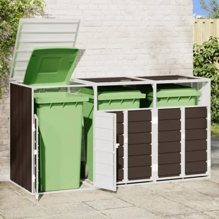 vidaXL Mülltonnenschuppen mit 3 Behältern, Stahl, braun, 216 x 81 x 115 cm, für den Außenbereich, mit praktischem Deckelmechanismus und guter Belüftung – Bild 3