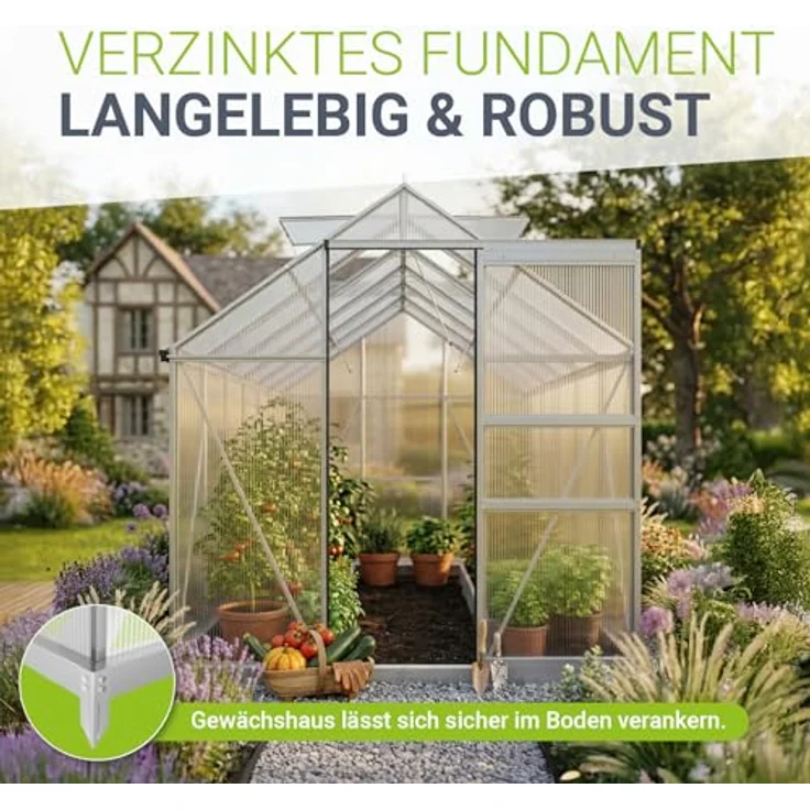 JUSKYS® Gewächshaus 7,2 m² - Aluminiumgestell & Stahlfundament, UV-beständig, abschließbare Schiebetür, belüftbare Dachfenster 61x57 cm, mit Regenrinnen – Bild 5