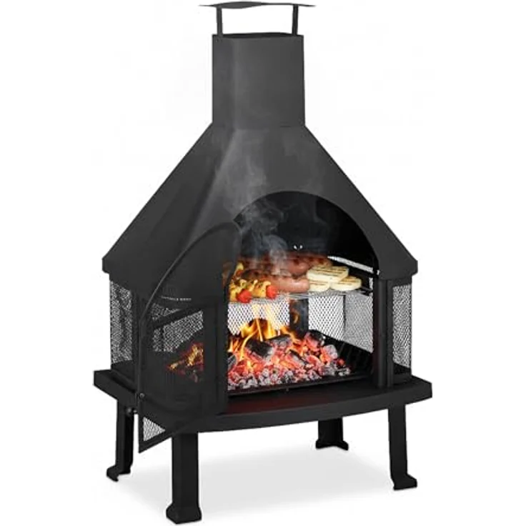 Relaxdays, schwarz Terrassenofen mit Grill, Feuerstelle mit Funkenschutz, Schürhaken, massiv, Stahl, 110 x 63 x 51 cm – Bild 2