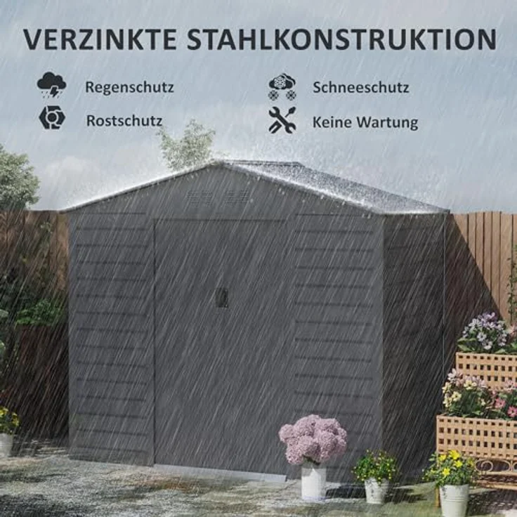 Outsunny Verzinktes Stahl Gerätehaus 2,43㎡ mit Abschließbarer Schiebetür und wetterfestem Satteldach, Grau – Bild 3