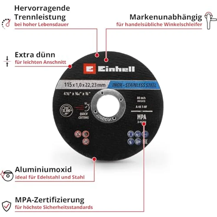 Einhell Trennscheiben Metall, 50-tlg., Ø 115 mm, MPA-zertifiziert, für Edelstahl, Stahl und Blech, leichtes Schneiden, in Dose – Bild 2