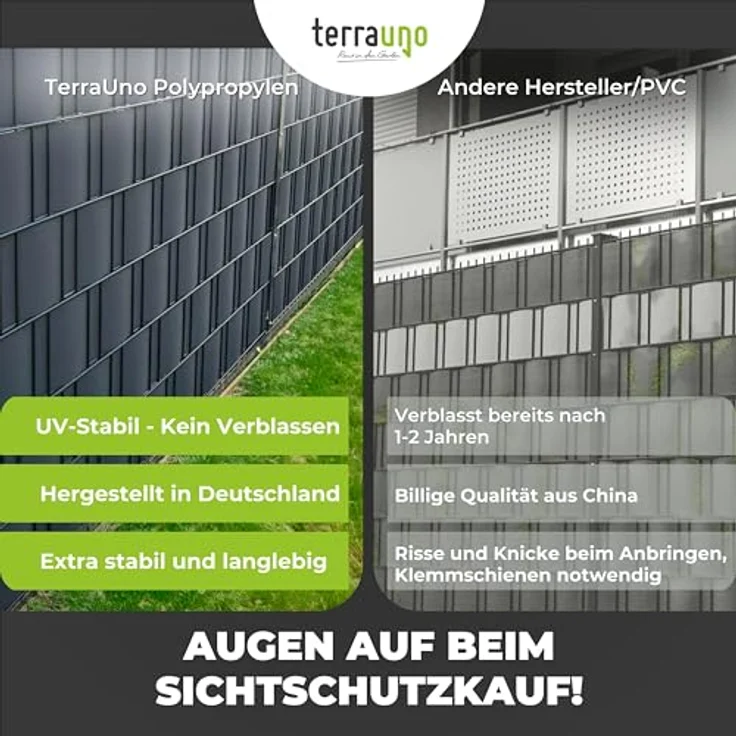 TerraUno Sichtschutzstreifen aus Polypropylen für Doppelstabmatten, RAL 6005 Grün, 26m x 19cm, UV-beständig und blickdicht, Lederoptik, Made in Germany – Bild 5