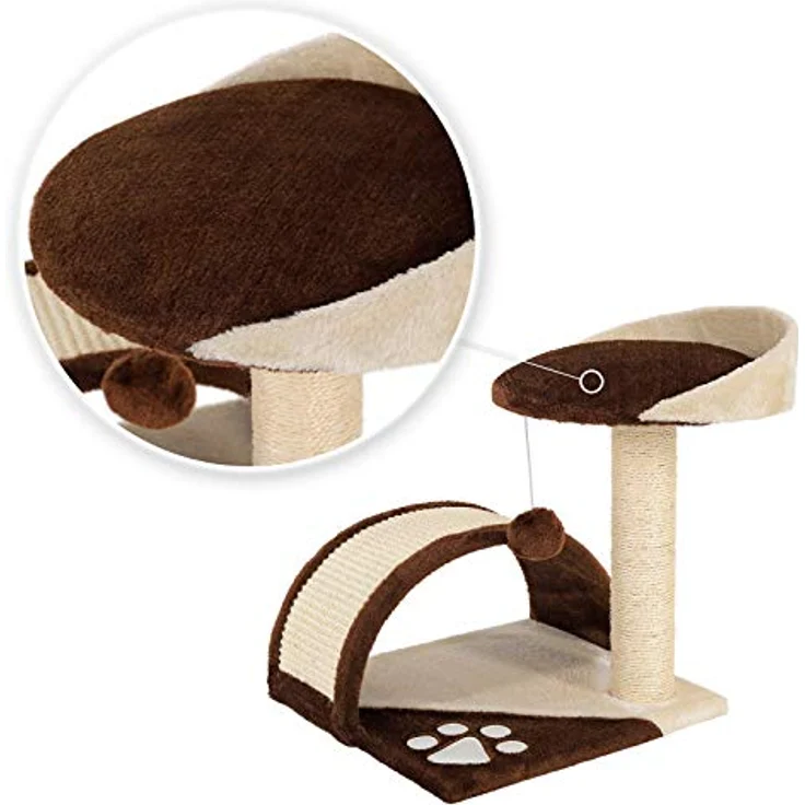 lionto Kratzbaum klein mit Plüschball & Kratzbogen, Höhe 43 cm, Sisalseil zur Krallenpflege, für kleine & große Katzen, braun/beige – Bild 4