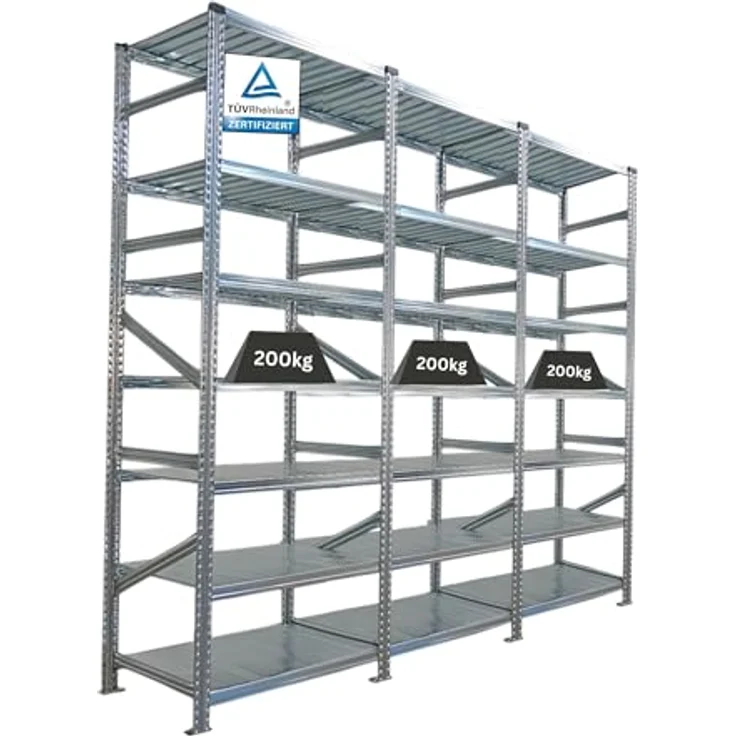 Proregal PROXIMO Metallregal, Fachbodenregal mit 7 Böden, 250 x 90 x 60 cm, Traglast 200 kg pro Boden, verzinkter Stahl, schraubenloses Stecksystem – Bild 1