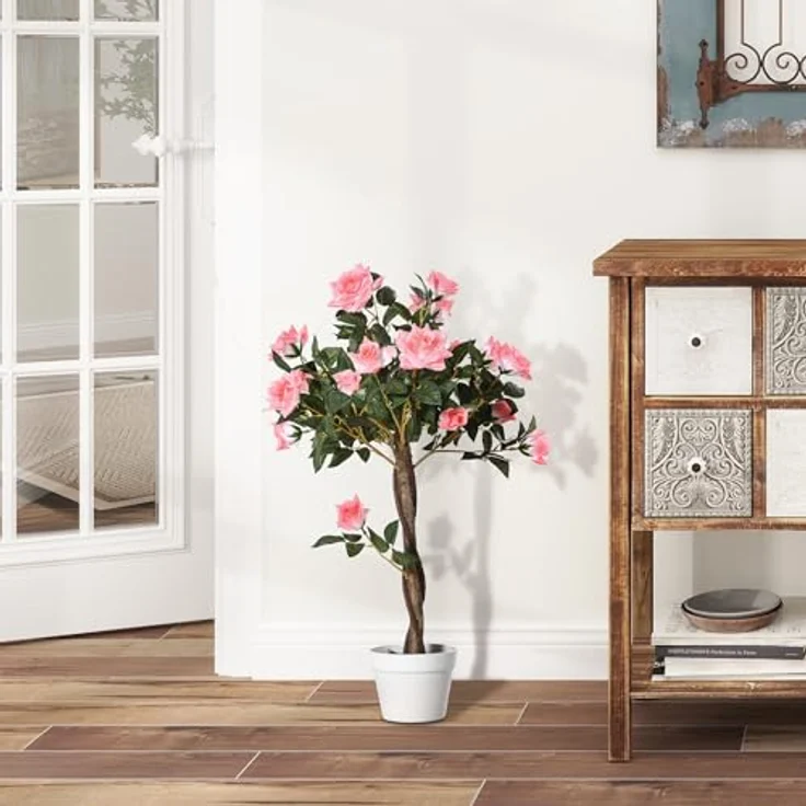 Outsunny Künstliche Rosenpflanze, 90 cm großer Kunstbaum im Topf, realistische Plastik Rosenanlage für Wohnzimmer, Schlafzimmer und Büro, pflegeleichte Dekoration – Bild 3