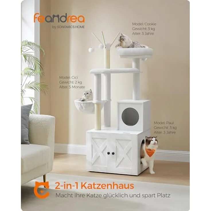 Feandrea Kratzbaum mit Katzenklo-Schrank, 151 cm hoch, 2-in-1 Katzenbaum, Schrank für Katzentoilette, Sisalstämme, abnehmbaren Plüschbällen, wolkenweiß – Bild 2