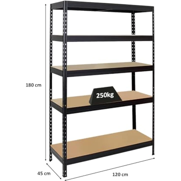 Proregal Schwerlastregal Rivet, 5 Böden, Traglast 250 kg pro Ebene, Schwarz, H 180 x B 120 x T 45 cm – Bild 2