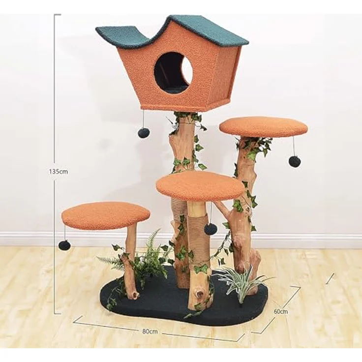 Fudajo Kratzbaum mit Pflanzendeko 135 cm, Teddyfell und Birnbaumholz, Katzenhaus mit Spielbällen, Katzenmöbel, grau – Bild 5