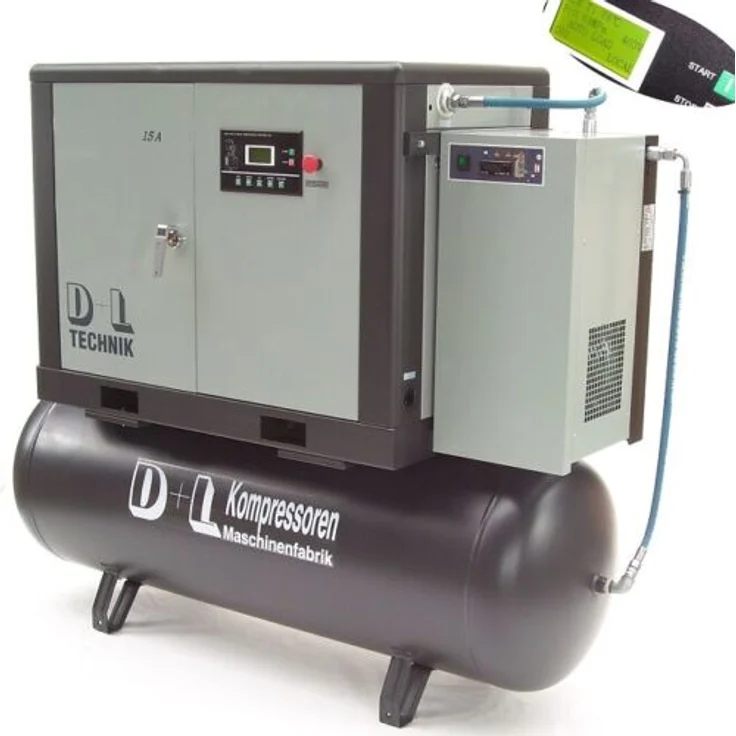 Apex Schraubenkompressor D+L 15kW 2100/10/500, 2100 l/min, inkl. Drucklufttrockner, leiser Betrieb, 500 L Behälter