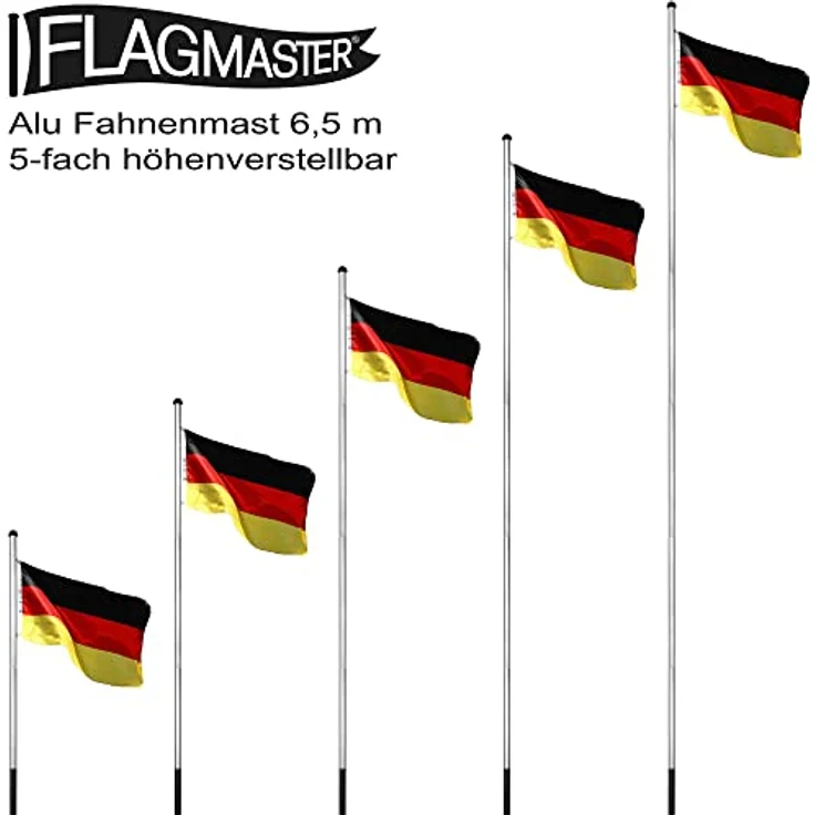 FLAGMASTER Teleskop Fahnenmast Aluminium 6,50m, 5-Fach höhenverstellbar, 30 Verschiedene Fahnen zur Wahl, Komplettset mit Bodenhülse in Silber – Bild 4