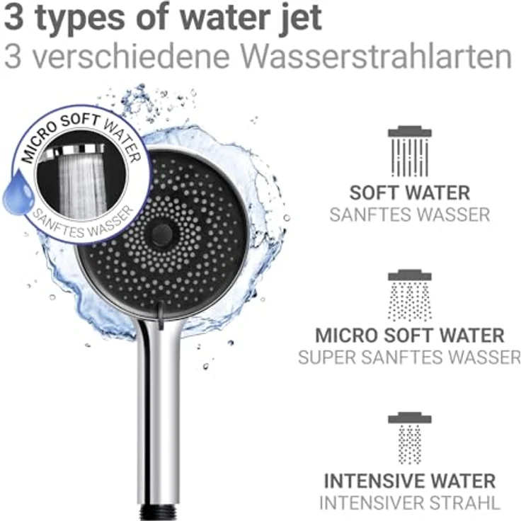 WENKO Softwater Duschkopf, Handbrause mit 3 Strahlarten, Ø 12 cm, mikrofeine Düsen für sanftes Wasser, spritzarm und leise – Bild 4