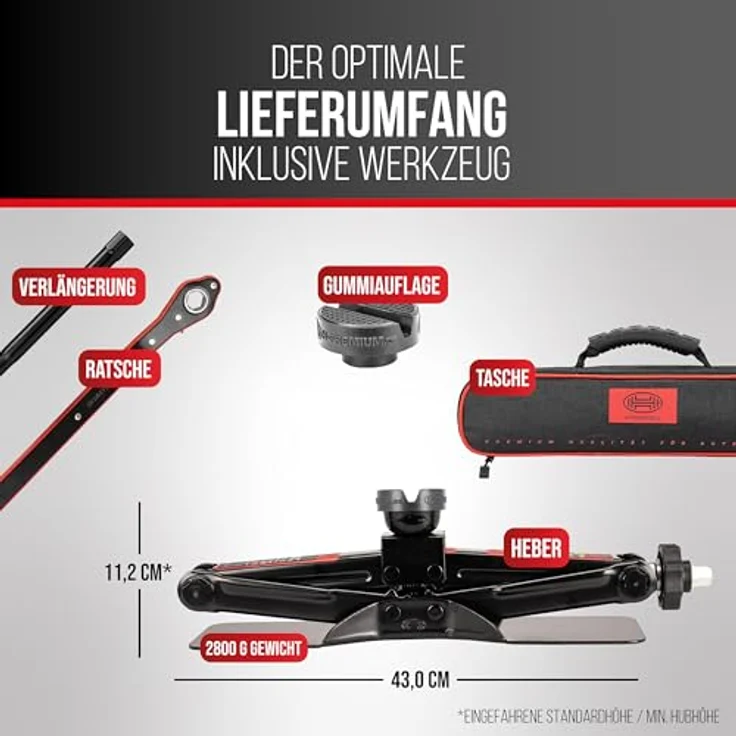 HEYNER® MultiLift M Black, Scherenwagenheber 1,5 t mit Ratsche, 360° drehbarer Gummiauflage, extra großem Standfuß, inkl. 17er Nuss und Tasche, TÜV GS-geprüft – Bild 4