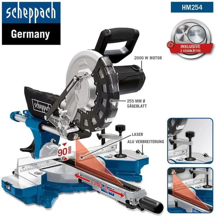 Scheppach HM254 Kapp-Zug-Gehrungssäge 2000 W, D 255 mm Sägeblatt, 34 cm Schnittbreite, 9 cm Schnitthöhe mit Schnittkanten-Laser und Drehtisch mit Schnellarretierung – Bild 2