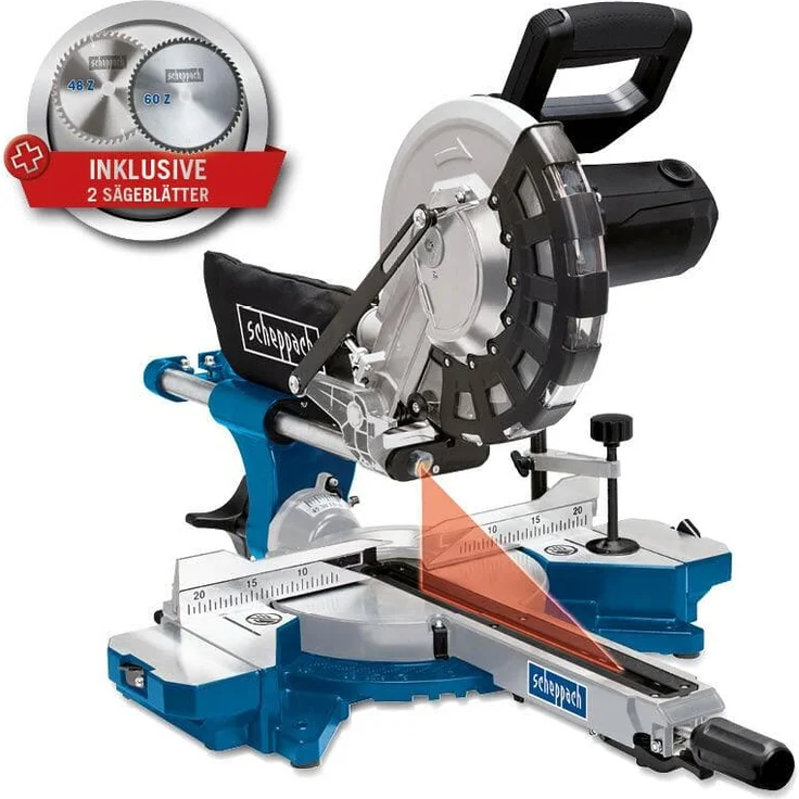 Scheppach HM254 Kapp-Zug-Gehrungssäge 2000 W, D 255 mm Sägeblatt, 34 cm Schnittbreite, 9 cm Schnitthöhe mit Schnittkanten-Laser und Drehtisch mit Schnellarretierung – Bild 1