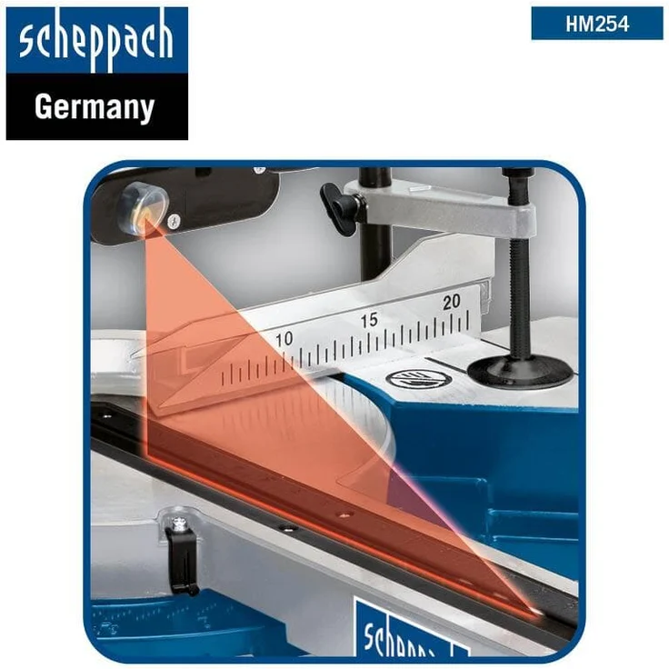 Scheppach HM254 Kapp-Zug-Gehrungssäge 2000 W, D 255 mm Sägeblatt, 34 cm Schnittbreite, 9 cm Schnitthöhe mit Schnittkanten-Laser und Drehtisch mit Schnellarretierung – Bild 3
