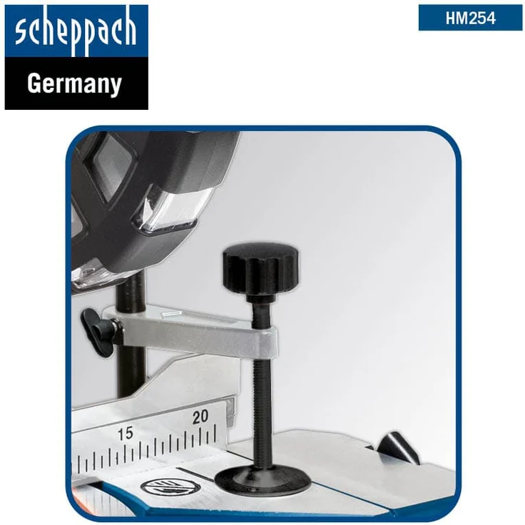 Scheppach HM254 Kapp-Zug-Gehrungssäge 2000 W, D 255 mm Sägeblatt, 34 cm Schnittbreite, 9 cm Schnitthöhe mit Schnittkanten-Laser und Drehtisch mit Schnellarretierung – Bild 4