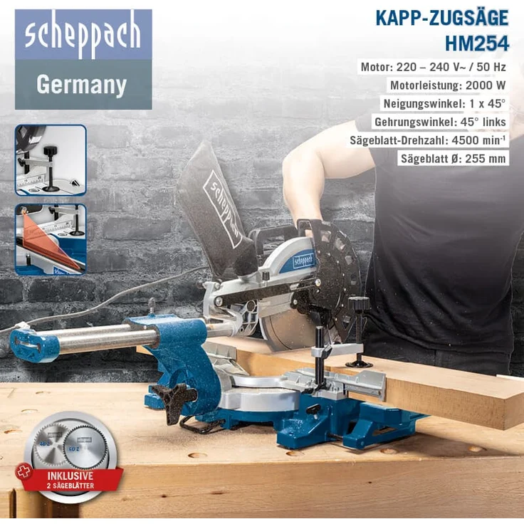 Scheppach HM254 Kapp-Zug-Gehrungssäge 2000 W, D 255 mm Sägeblatt, 34 cm Schnittbreite, 9 cm Schnitthöhe mit Schnittkanten-Laser und Drehtisch mit Schnellarretierung – Bild 6