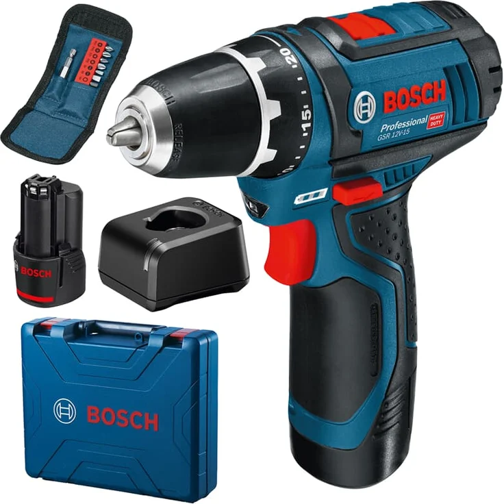Bosch Professional GSR 12V-15 Akku-Bohrschrauber 12V max. Drehmoment hart 30 Nm 20 + 1 Sofgriff 2. Akku Ladegerät Koffer und Zubehör-Set – Bild 1