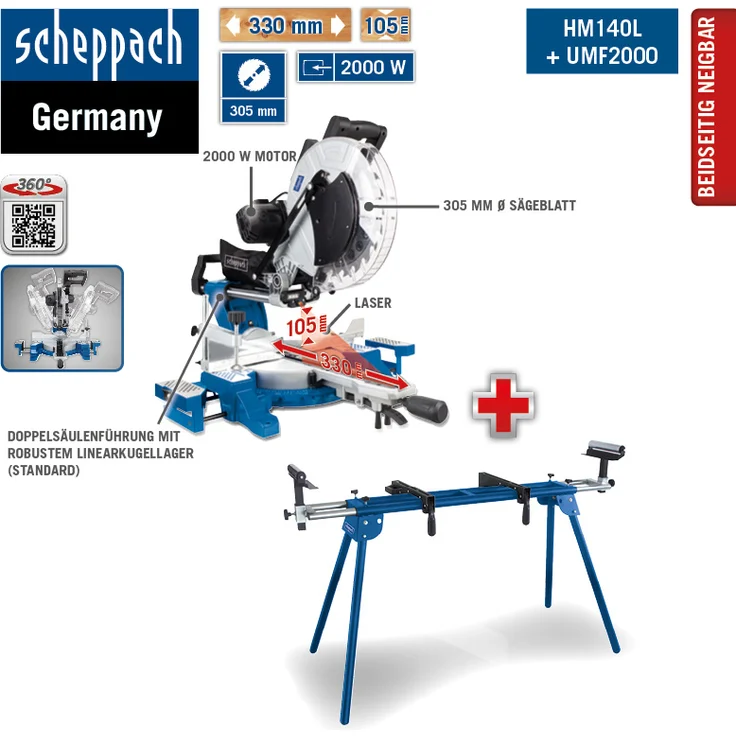 Scheppach HM140L Kapp-Zug-Gehrungssäge mit Laser 2000 W 305 mm 3800 min-1 beidseitig neigbarer Sägekopf mit Ersatzsägeblatt und UMF2000 – Bild 1