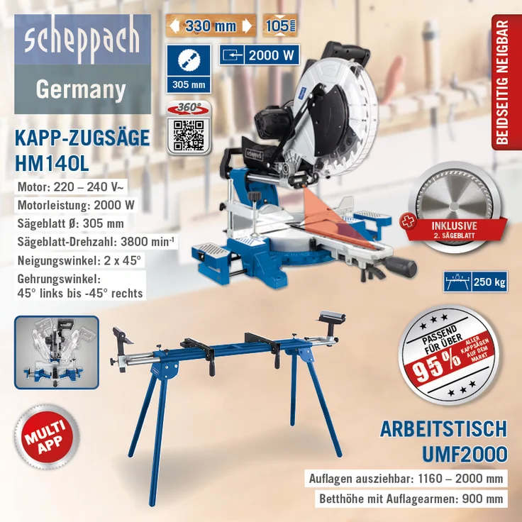 Scheppach HM140L Kapp-Zug-Gehrungssäge mit Laser 2000 W 305 mm 3800 min-1 beidseitig neigbarer Sägekopf mit Ersatzsägeblatt und UMF2000 – Bild 2
