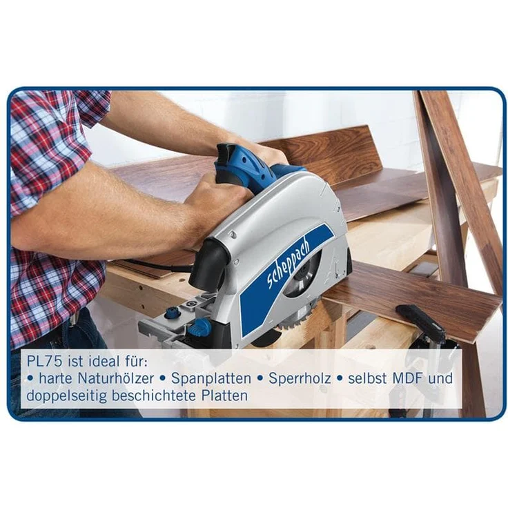Scheppach Tauchsäge PL75 inkl. 1400mm Führungsschiene Handkreissäge 1600W Leistung Schnitttiefe 75mm Sägeblatt 160mm - 36 Zähne neigbar mit Kippschutz bis 45° inkl. umfangreichem Zubehörset – Bild 4