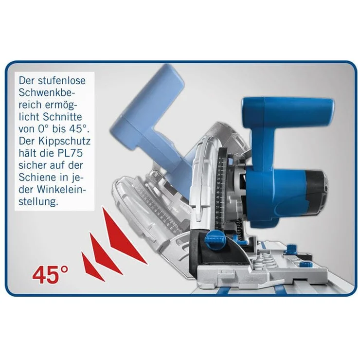 Scheppach Tauchsäge PL75 inkl. 1400mm Führungsschiene Handkreissäge 1600W Leistung Schnitttiefe 75mm Sägeblatt 160mm - 36 Zähne neigbar mit Kippschutz bis 45° inkl. umfangreichem Zubehörset – Bild 6