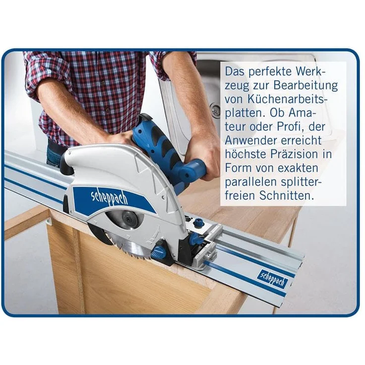 Scheppach Tauchsäge PL75 inkl. 1400mm Führungsschiene Handkreissäge 1600W Leistung Schnitttiefe 75mm Sägeblatt 160mm - 36 Zähne neigbar mit Kippschutz bis 45° inkl. umfangreichem Zubehörset – Bild 3