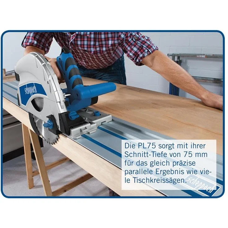 Scheppach Tauchsäge PL75 inkl. 1400mm Führungsschiene Handkreissäge 1600W Leistung Schnitttiefe 75mm Sägeblatt 160mm - 36 Zähne neigbar mit Kippschutz bis 45° inkl. umfangreichem Zubehörset – Bild 2