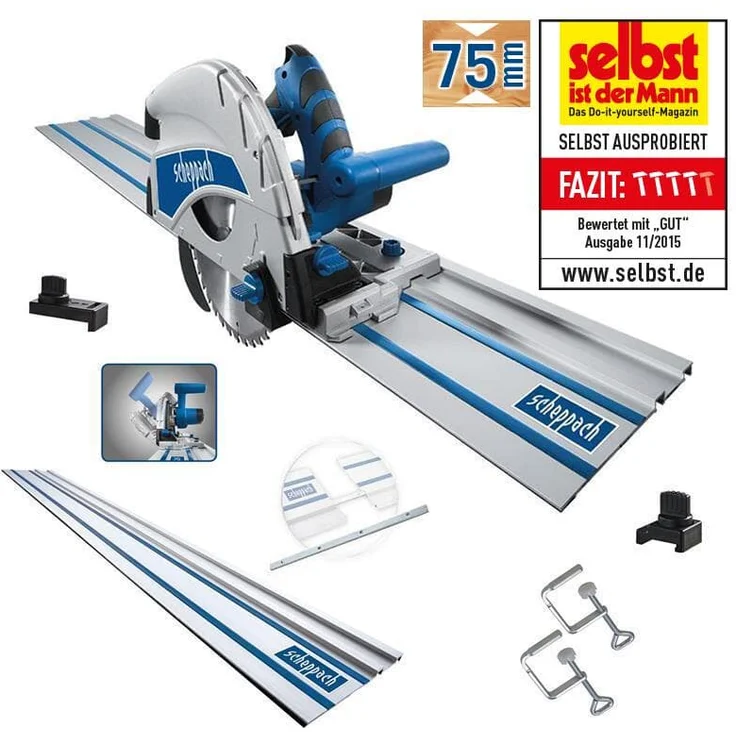 Scheppach Tauchsäge PL75 inkl. 1400mm Führungsschiene Handkreissäge 1600W Leistung Schnitttiefe 75mm Sägeblatt 160mm - 36 Zähne neigbar mit Kippschutz bis 45° inkl. umfangreichem Zubehörset – Bild 1