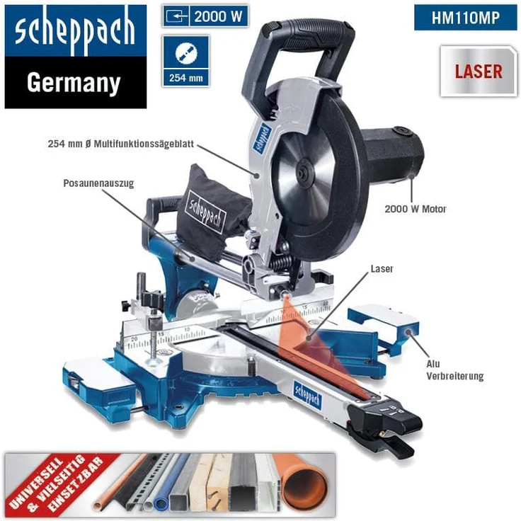 Scheppach Kappzugsäge HM110MP | für Holz, Alu, Stahl, Kunststoff, Kupfer | Schnitthöhe: 90mm / Länge 340mm | 2000W mit 2 Geschwindigkeiten | Multifunktionssäge Ø254mm Sägeblatt | Kappsäge Gehrungssäge – Bild 2