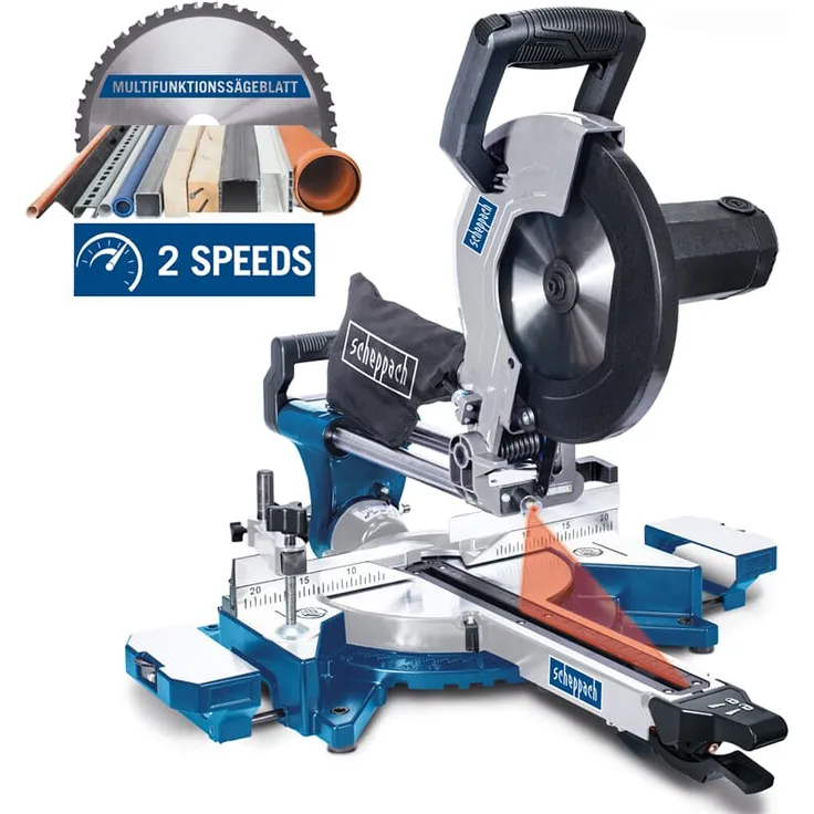 Scheppach Kappzugsäge HM110MP | für Holz, Alu, Stahl, Kunststoff, Kupfer | Schnitthöhe: 90mm / Länge 340mm | 2000W mit 2 Geschwindigkeiten | Multifunktionssäge Ø254mm Sägeblatt | Kappsäge Gehrungssäge