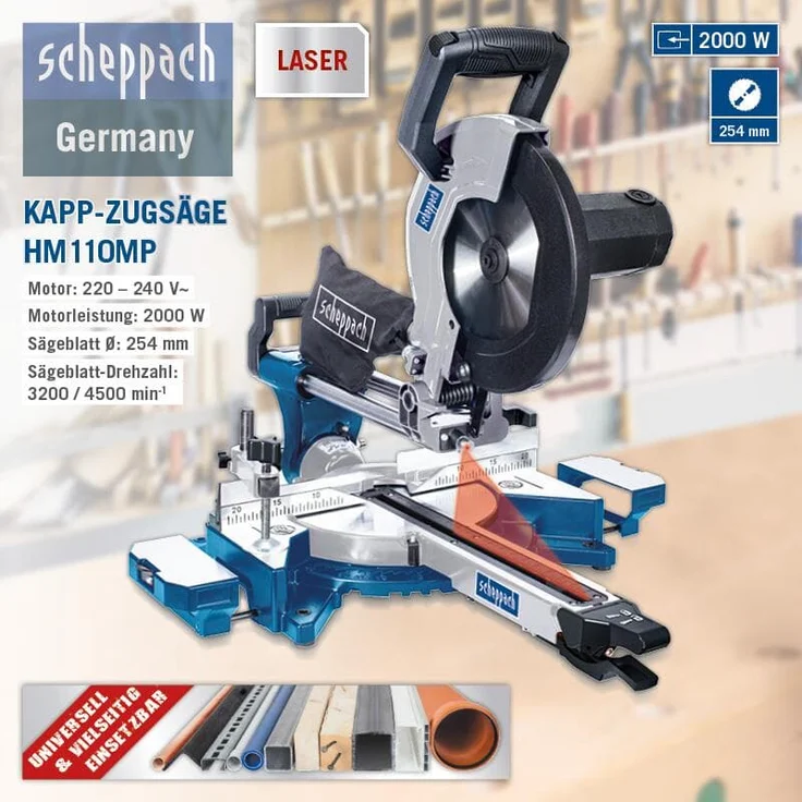 Scheppach Kappzugsäge HM110MP | für Holz, Alu, Stahl, Kunststoff, Kupfer | Schnitthöhe: 90mm / Länge 340mm | 2000W mit 2 Geschwindigkeiten | Multifunktionssäge Ø254mm Sägeblatt | Kappsäge Gehrungssäge – Bild 5