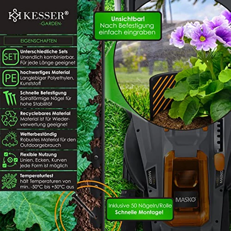 KESSER® Flexible Rasenkante aus Kunststoff Länge 30m Höhe 5cm, mit 150 Erdanker + 3 Paar Handschuhe, Beeteinfassung Beetumrandung Beetbegrenzung Mähkante Pflastersteine Palisade – Bild 2