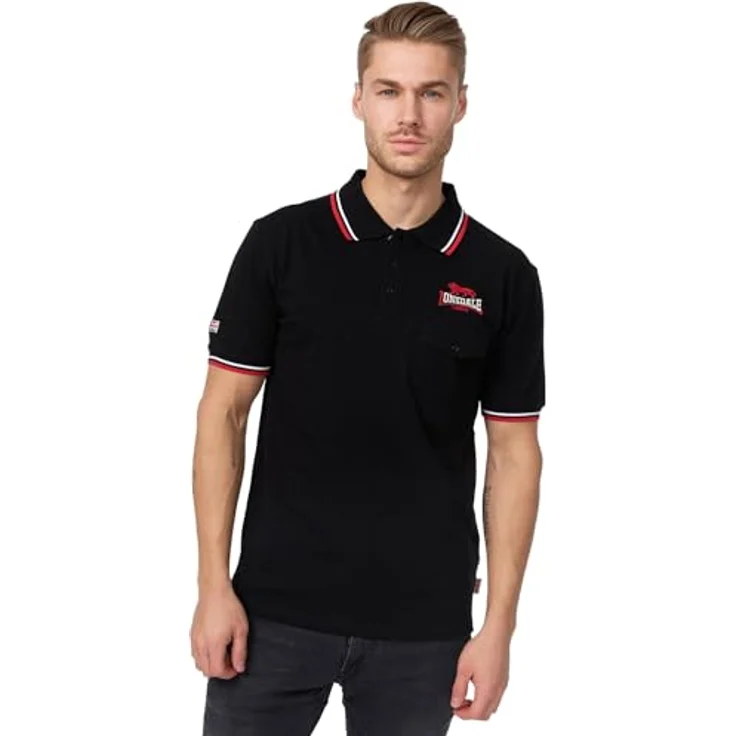Lonsdale Poloshirt Lynton, Arbeitsshirt mit farblich abgesetzten Stickereien, gestreiften Bündchen und Brusttasche, schwarz – Bild 2