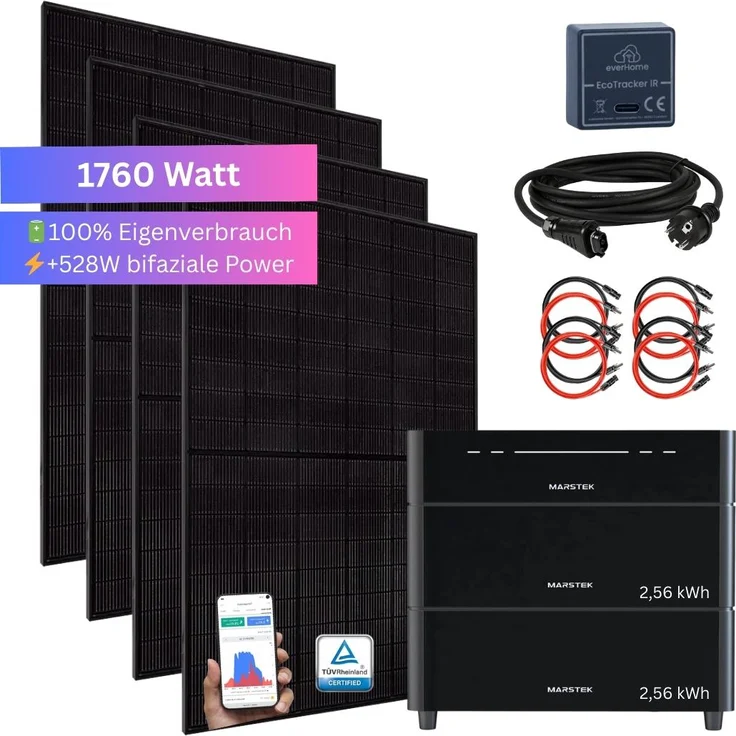 MyVoltaics® 1760 Watt Balkonkraftwerk SET mit Marstek Venus D 0-7,68 kWh Speicher, 4000 Watt Ladeleistung, Notstromfähigkeit bis 2500 Watt, inkl. Smartmeter EcoTracker IR und 2x Zusatzakku