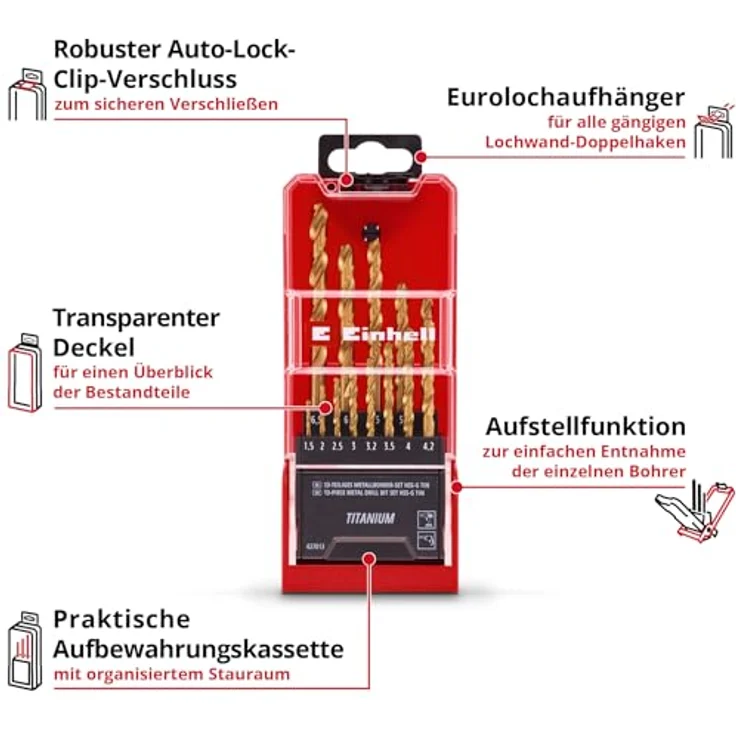 Einhell 13-tlg. HSS-G Titan Metallbohrer-Set, HSS 4341 Stahl, titaniumbeschichtet, 135°-Split-Point-Spitze, gefräste Typ N Spirale, Rundschaft, Aufbewahrungskassette mit Auto-Lock-Clip-Verschluss – Bild 3