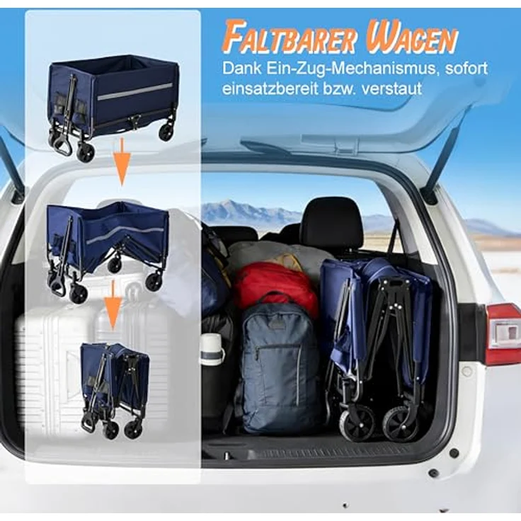 Relaxdays Bollerwagen, faltbar, 150 kg Traglast, Teleskopgriff, Regenplane, 120 l Volumen, blau – Bild 3