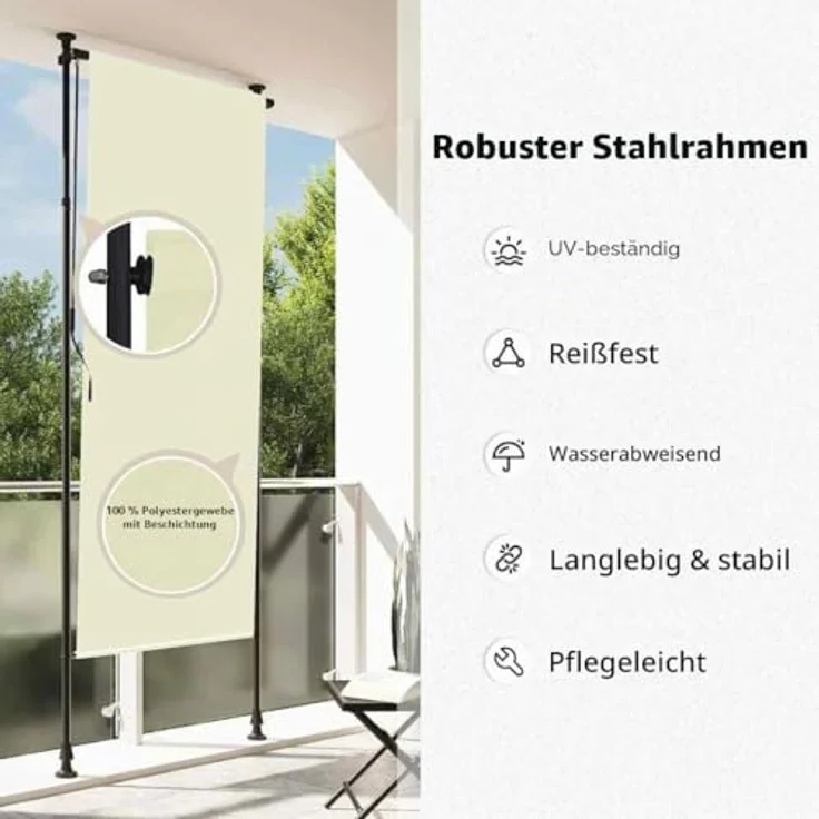 vidaXL Außenrollo 120 x 270 cm Creme, Senkrechtmarkise mit Handkurbel und höhenverstellbaren Pfosten – Bild 8