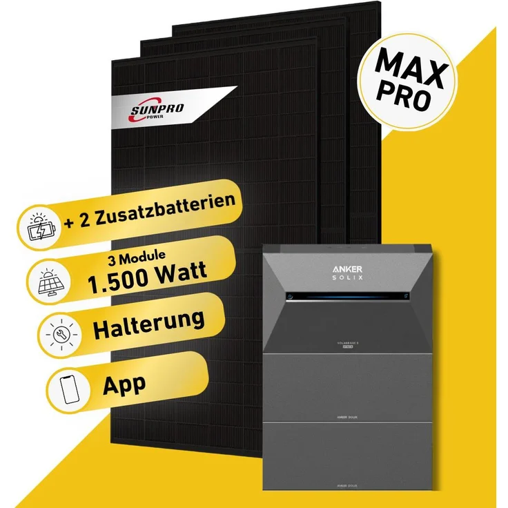 Balkonstrom Balkonkraftwerk 1500W mit 5 kWh Speicher, 2x Zusatzspeicher, Bifazialen Solarmodulen, Bitumendachhalterung, Anker Solix 4 Pro und 3m Kabel