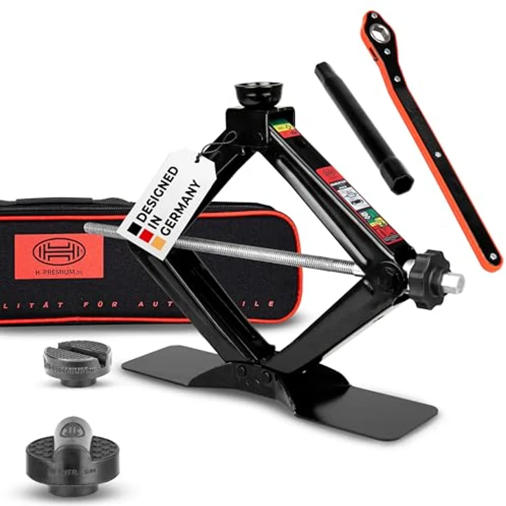 HEYNER® Multi Lift L Black, Scherenwagenheber 2t Set mit Gummiauflage für AUDI, 360° drehbar, Hubhöhe 125-470 mm, inkl. Ratsche & Tasche, TÜV Rheinland – Bild 1