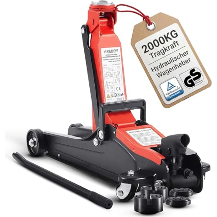 AREBOS 2t Hydraulischer Rangierwagenheber Autoheber - Niedrige Hubhöhe, hohe Tragkraft - Rot/Schwarz – Bild 2