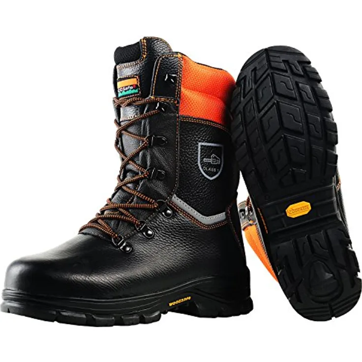 Trend Line Woodsafe Schnittschutzstiefel S3 schwarz Sicherheitsschuh, Vibram®-Laufsohle, Größe 46, wasserabweisendes Leder, antistatisch, öl- und kraftstoffbeständig