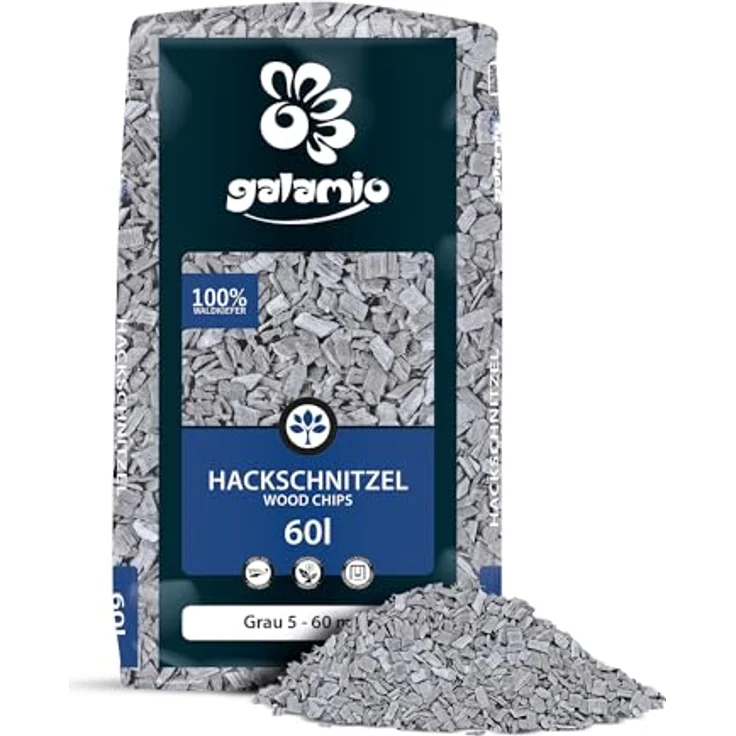 GALAMIO Holzhackschnitzel Grau, Grobe Hackschnitzel aus reinem Kiefernholz, Mulch für Garten und Wege, 5-60mm Körnung, 60l Sack – Bild 2