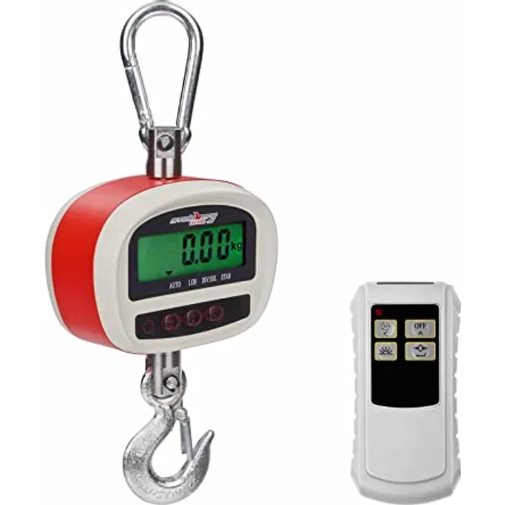 Steinberg Systems SBS-KW-300KC Kranwaage Hängewaage Zugwaage Digital mit Fernbedienung (300 kg / 50 g, LCD Display, inkl. Sicherheitshaken, Karabinerhaken, 6 Batterien) Rot-Weiß