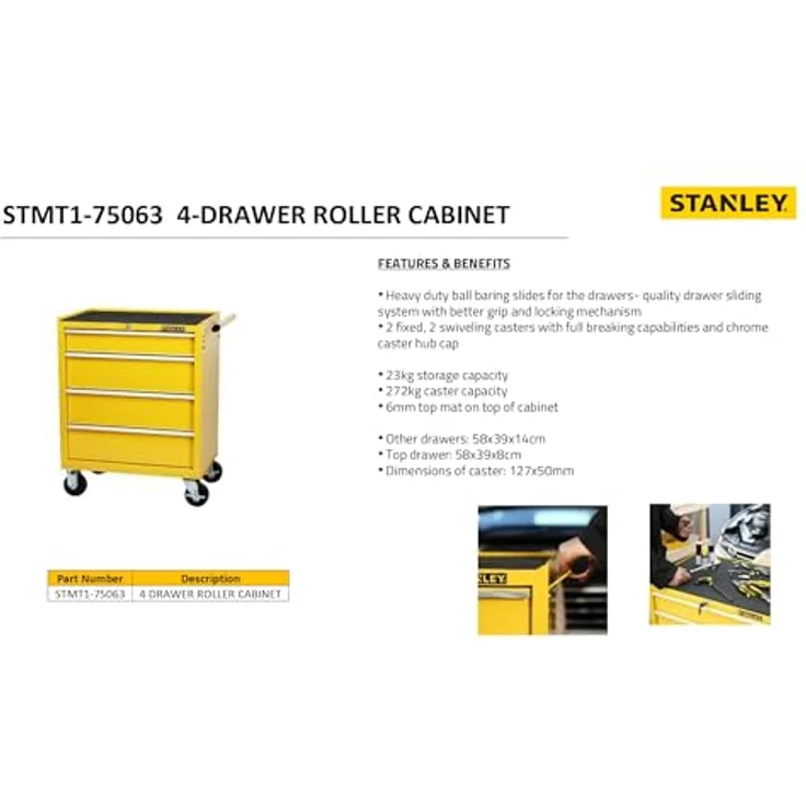 Stanley Werkstattwagen STMT1-75063, fahrbarer Metallwagen mit 4 Schubladen, schwarz/gelb, max. Tragfähigkeit 272 kg – Bild 6